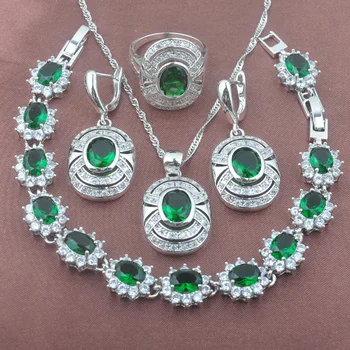 

2020 New Green Zirconia Women's Birthday Gift Silver Plated Jewelry Sets Bracelet Necklace Pendant Earrings Ring YYZ098