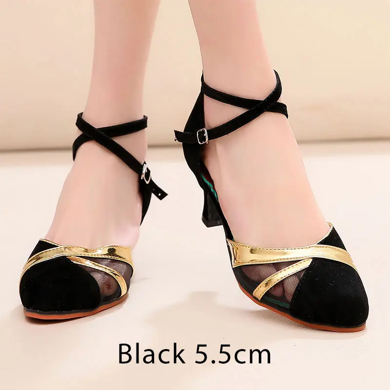Женская танцевальная обувь с закрытым носком для латинских танцев/сальсы/Танго; женская обувь на каблуке 3,5 см/5,5 см; женская танцевальная обувь на мягкой резиновой подошве для выступлений - Цвет: Black 5.5cm