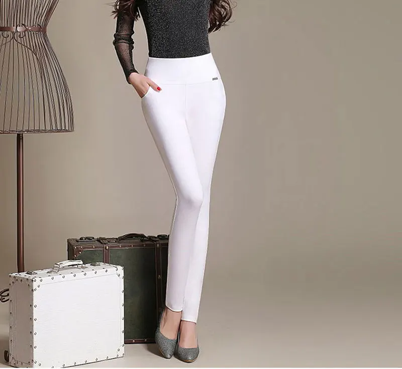 Женские брюки-карандаш с высокой талией, флисовые/теплые флисовые штаны, женские бархатные брюки больших размеров, белые и черные тянущиеся леггинсы