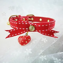 Lovely Cute Red Ribbon Strawberry Leather Fabric Pet Cat Dog Collar Neck Strap Adjustable