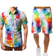 Летние мужские вечерние комплекты с цветочным принтом для клубных клубов, повседневные пляжные шорты и рубашки для мужчин в стиле хип-хоп, Новое поступление, комплект