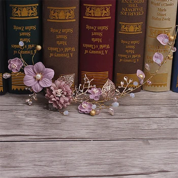 

Fashion Gold Wedding Hair Accessories Purple Flower Headband Handmade Headdress Crystal Hairband Bridal Party Women Hair Jewelry