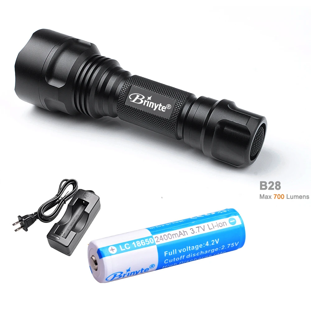 

Brinyte B28 Rechargeable Tactical Hunting Flashlight Torch Light Cree XM-L2 LED 700 lumen LED Flashlight + battery + charger