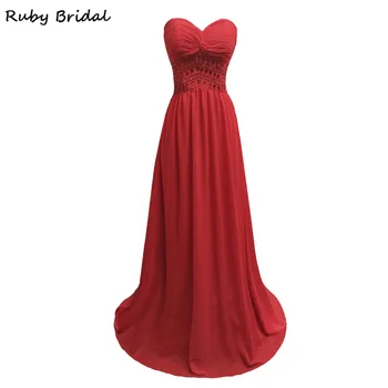 

Ruby Bridal Long A-line Red Chiffon Pleats Beaded Evening Dresses Hot Cheap Vestido De Festa Sweetheart Prom Party Gowns L003