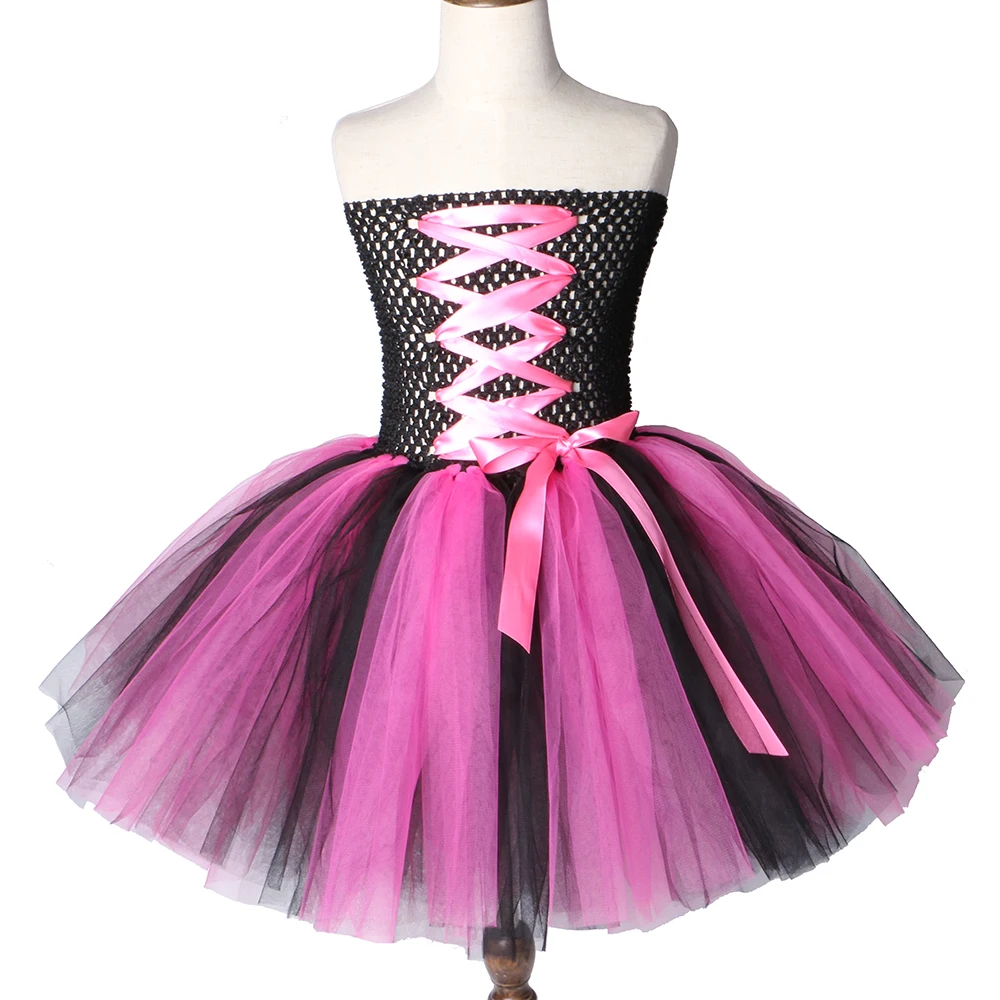 Ярко-розовое и черное платье-пачка с рок-звездой Праздничное Платье До Колена Для девочек на день рождения детское платье из тюля на Хэллоуин для девочек костюмы От 2 до 12 лет