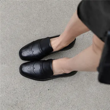 

YMECHIC Autumn 2019 Slip on Square Toe Genuine Leather Low Chunky Heels Office Ladies Shoes Black Brown Brogue Woman Pumps