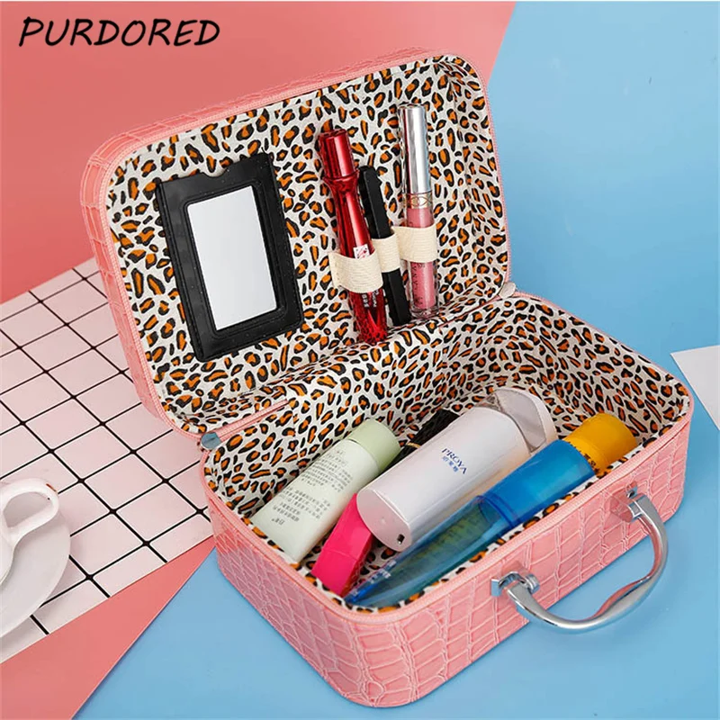 

PURDORED 1 pc Stone Pattern Cosmetic Box Large Capacity women Makeup Box With Mirror Travel Makeup Organizer Bag Dropshipping
