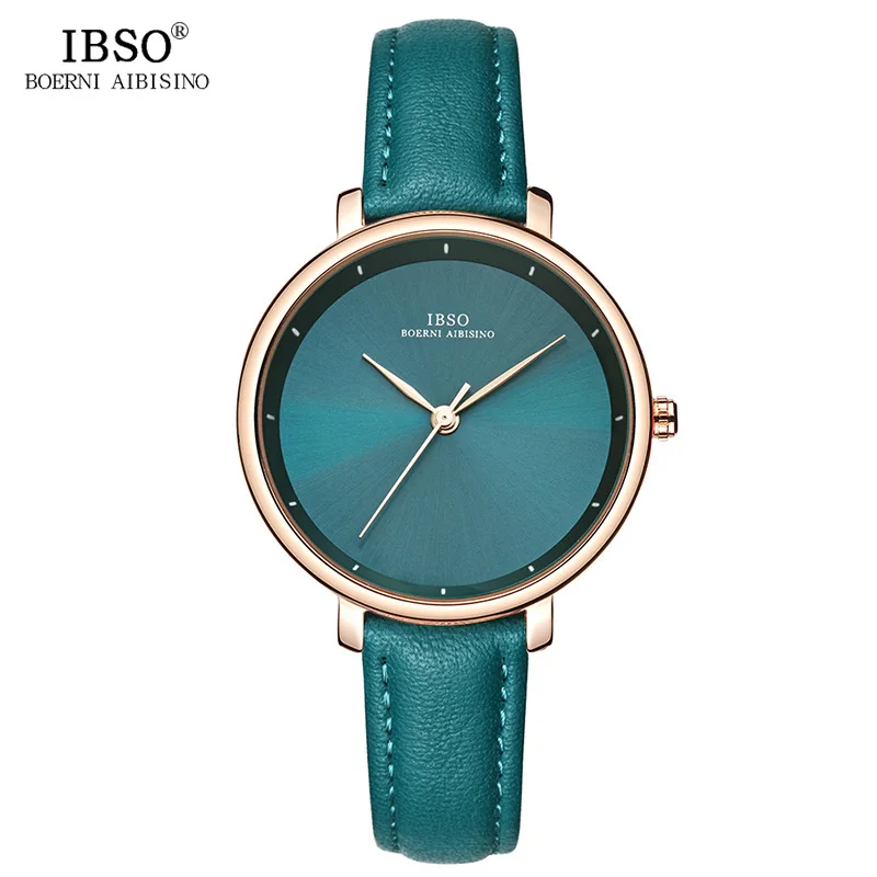 IBSO New Brand Fashion Simple Women Watches 2020 Green Genuine Leather Strap Ladies Quartz Watch Women Waterproof Montre Femme