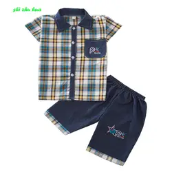 Одежда для маленьких мальчиков, летняя Клетчатая рубашка с короткими рукавами + шорты, Детский Повседневный Спортивный костюм, одежда для