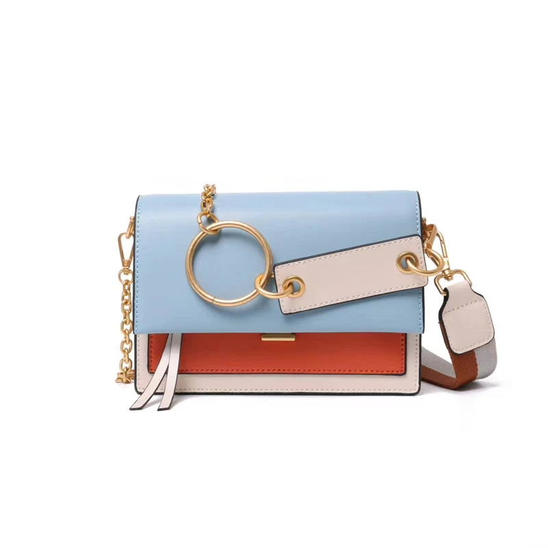 

free shipping Contrast color ring organ package 2019 Europe and the United States the new leather cowhide one shoulder Lady bag