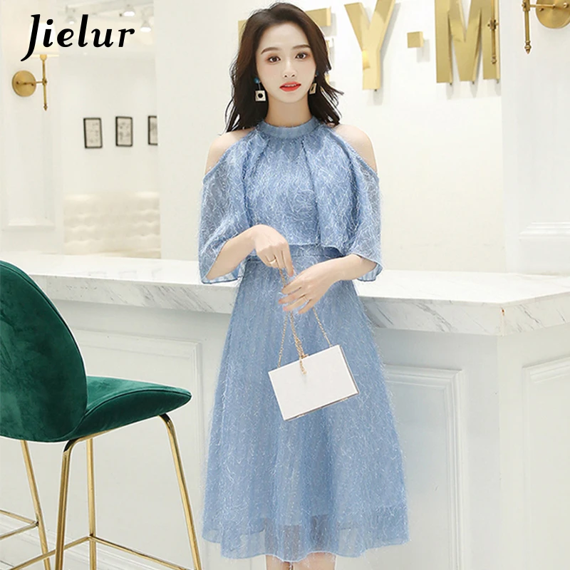 

Jielur Blue Dress Women Hollow Out Gorgeous Lady High Quality Elegant Robe Femme Korean Fashion Brief Summer Dress 2019 Dropship