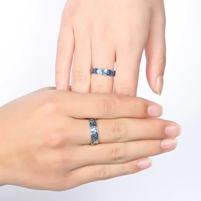 Qevila 2019 Fashion Personalized Rings Customized Van Gogh Enamel Ring 925 Sterling Silver Gold Moon Star Canvas Rings for women (3)