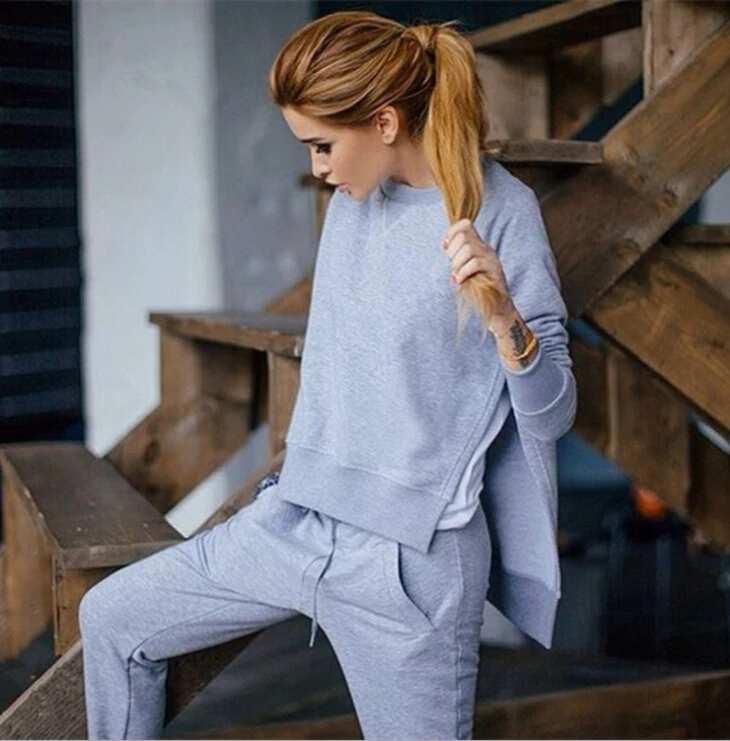 

Solid lace up furcation Suit Set 2020 Women Tracksuit Two-piece Sport Style Outfit Jogging Sweatshirt Fitness Lounge Sportwear