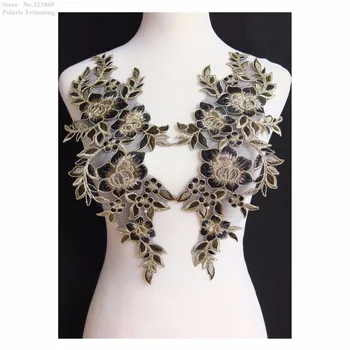 

Free Shipping 1Mirror Pair=2pcs x Black/Light Gold Flower Embroidery Lace Appliques Trim Patch Dress Costume Decorating PBNC122Q
