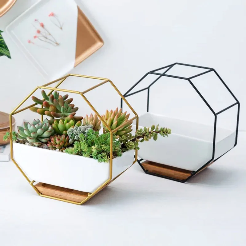 Minimalist Octagonal Geometric Wall Hanging Table Succulents Ceramic Flower Pot Bamboo Tray Iron Frame Set Crafts Gifts Black