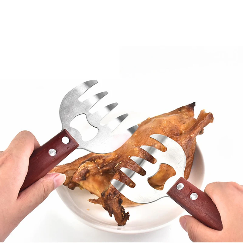

1PC Meat Shredder Claws Wooden Handle Stainless Steel Bear Paws Chicken Separator Handler Food Forks Puller BBQ Kitchen Tools