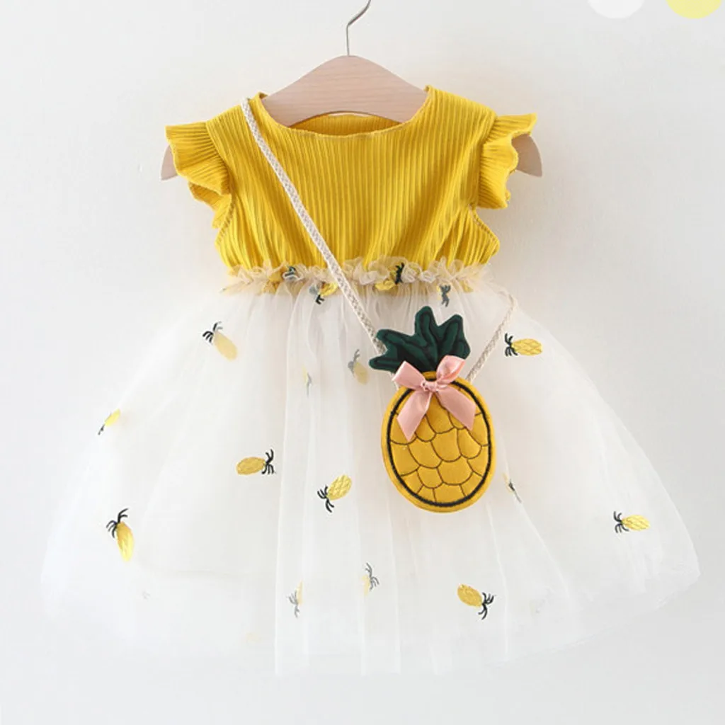 

Pineapple Embroideried Tulle Patchwork Tutu Princess Party Dress Cute And Beautiful Newborn Flare Sleeve Kids Baby Girl