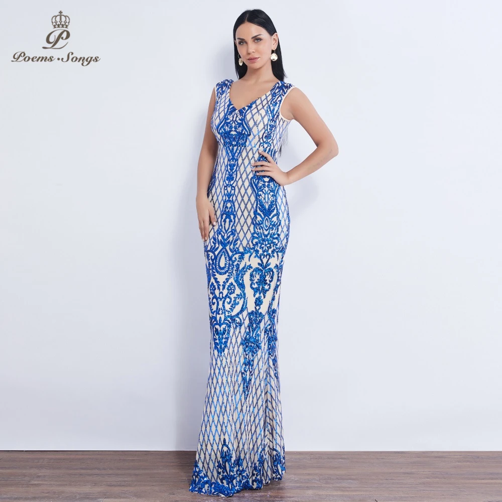 Poems Songs 2019 New blue/ red /gold pattern style Sequin Evening dresses long vestido de festa longo prom dress robe de soiree