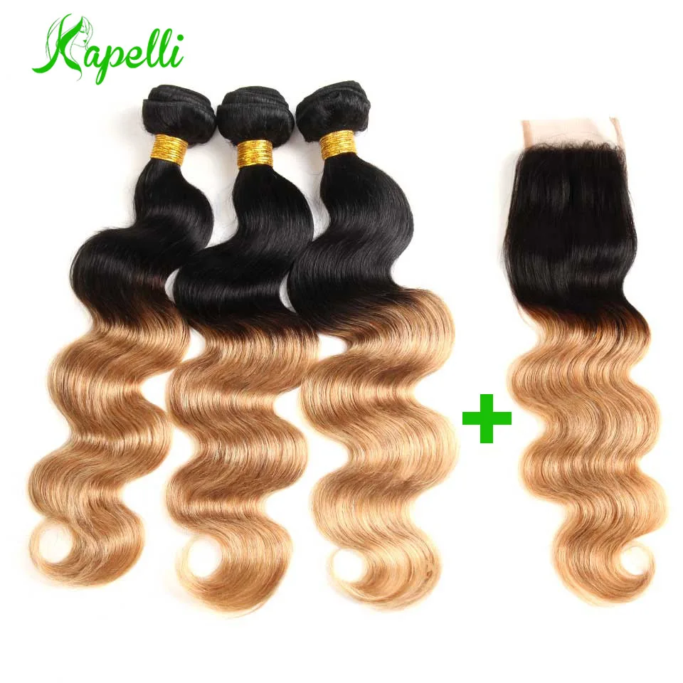 Ombre Body Wave натуральные волосы Связки с синтетическое закрытие волос блондинка перуанский натуральные волосы Weave 3 Связки с синтетическое Закрытие(4*4) Реми перуанские волосы - Цвет: T1B/27