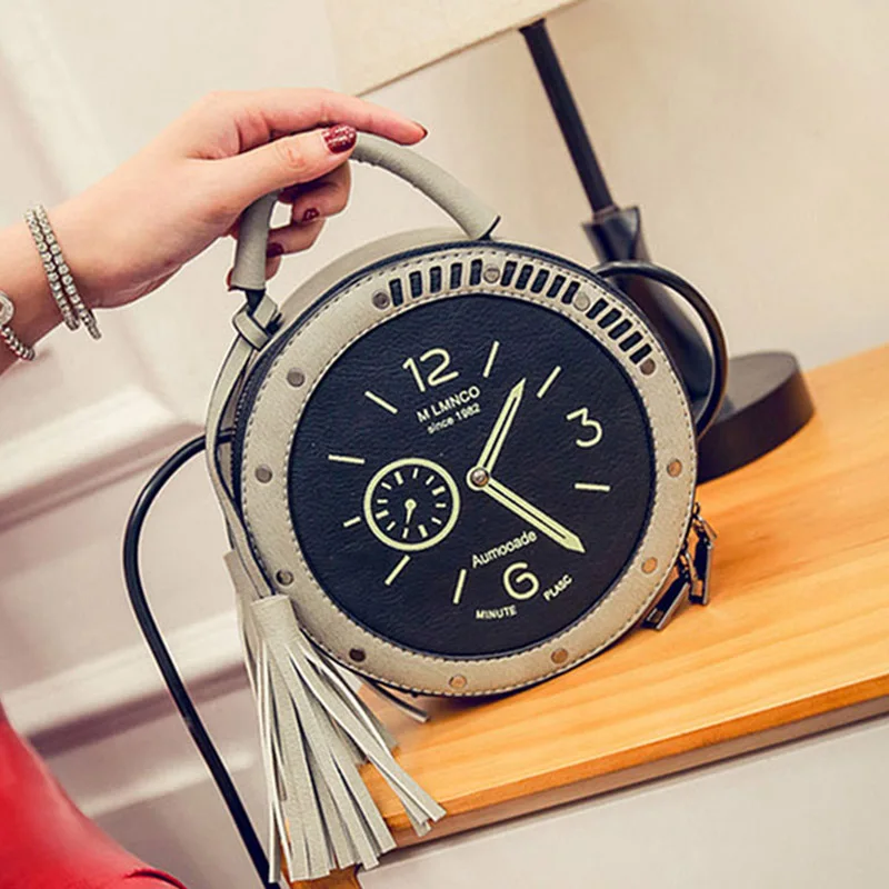 New Women Tassel Clock Shoulder Bag INS Popular Fashion Female Circle Handbag Mini Travel Lady Rivet PU Handle Crossbody SS3483 (3)