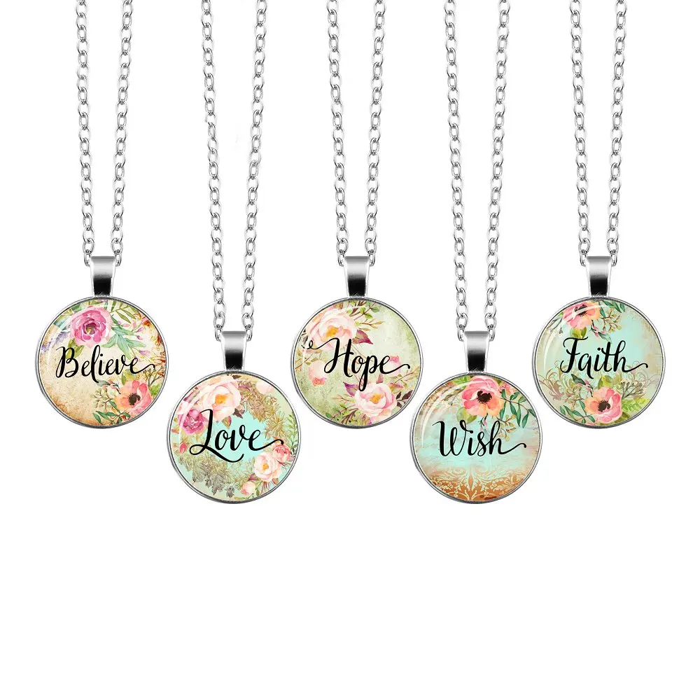 

2019 Believe Love Hope Wish Faith Dream Bible Verse Necklace Glass Dome Pendant Necklaces Scripture Quote Jewelry Christian Gift