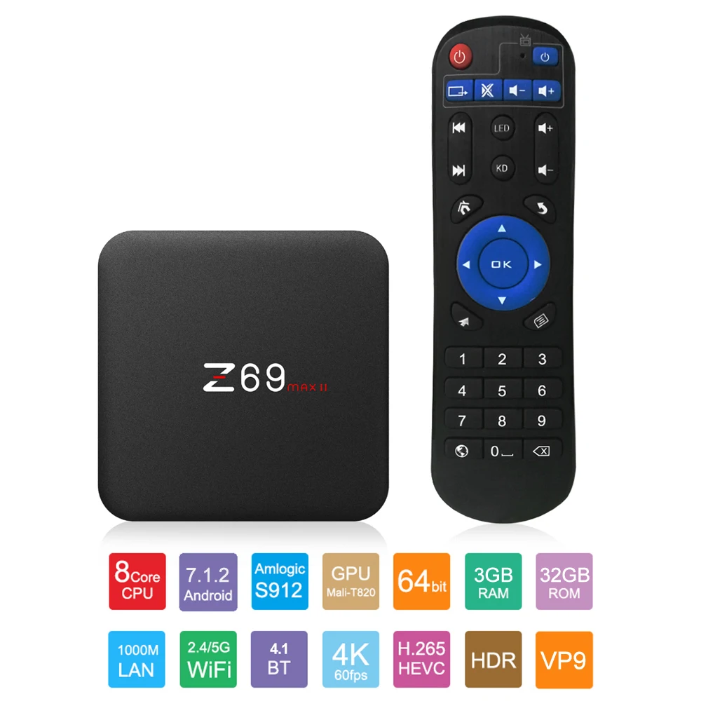 Приставка Смарт ТВ Z69 MAXII Android Восьмиядерный процессор Amlogic S912 4K HDR 3 Гб/32 ГБ 2 4G и 5G Wi