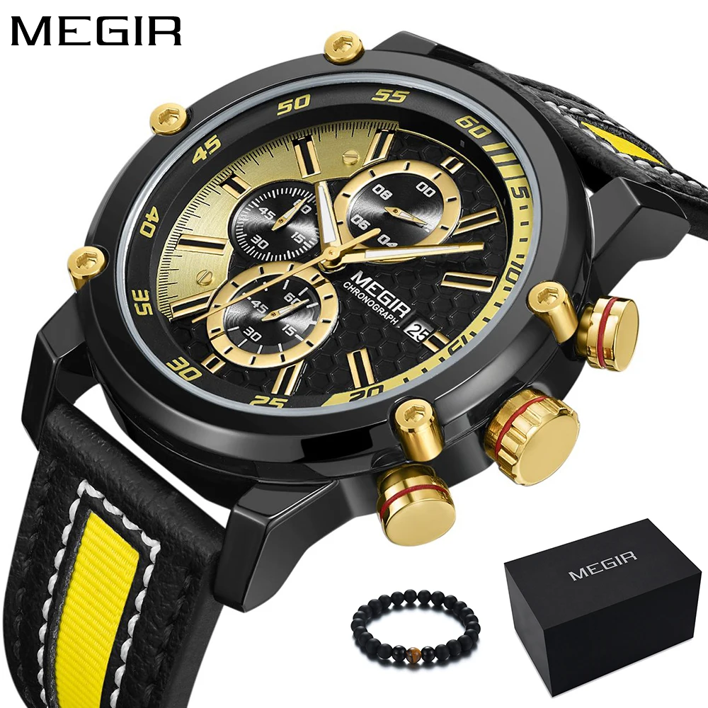 

New MEGIR Men Watches Luxury Brand Quartz Watch Men Gold Yellow Leather Band Military Sport Watches For Men relogio masculino