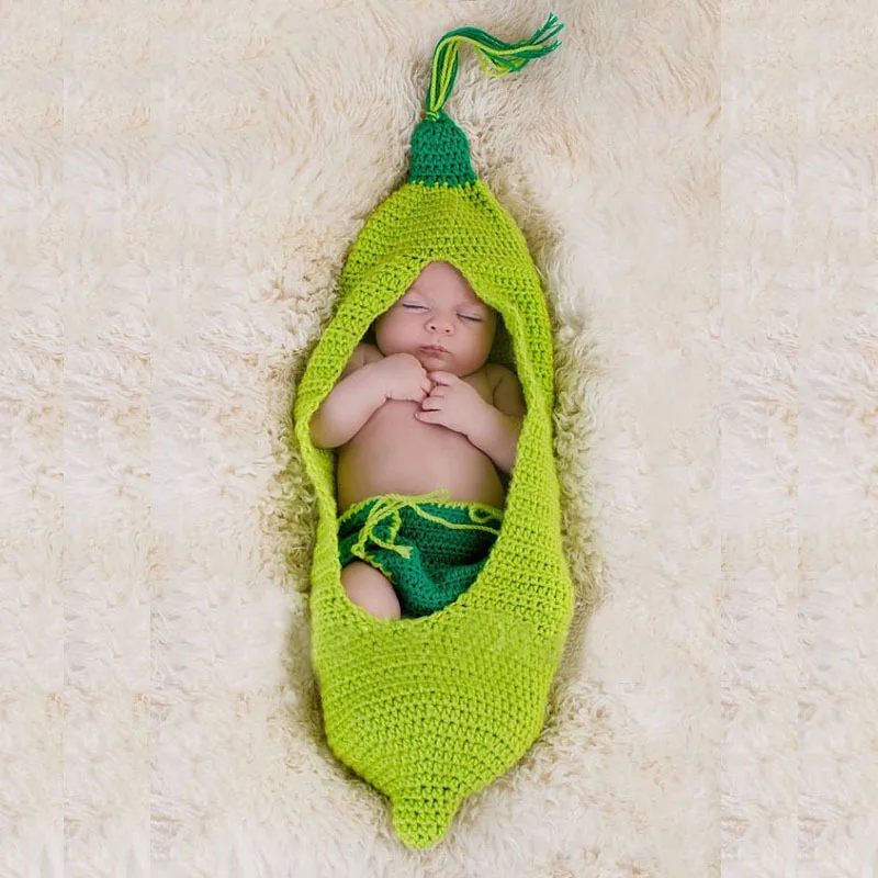 Crochet Baby Newborn Pea Sleeping Bag with Beanie Hat Matching Shorts