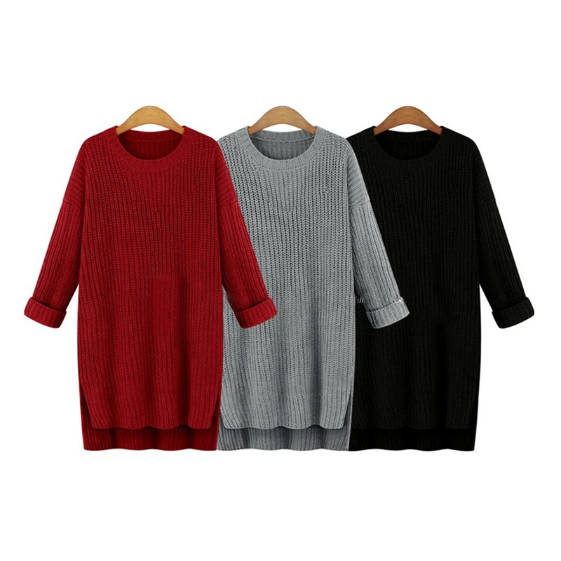 

Autumn Winter Women Open-fork Long Sweater Coat Knitted Jumper Thickened O-neck Long Sleeve Pullovers Sweater