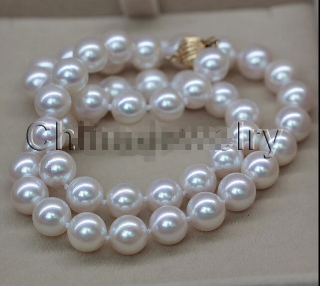 

HOT## Wholesale FREE SHIPPING AAAAA18" 9mm natural white perfect round seawater akoya pearl necklace -14k gold