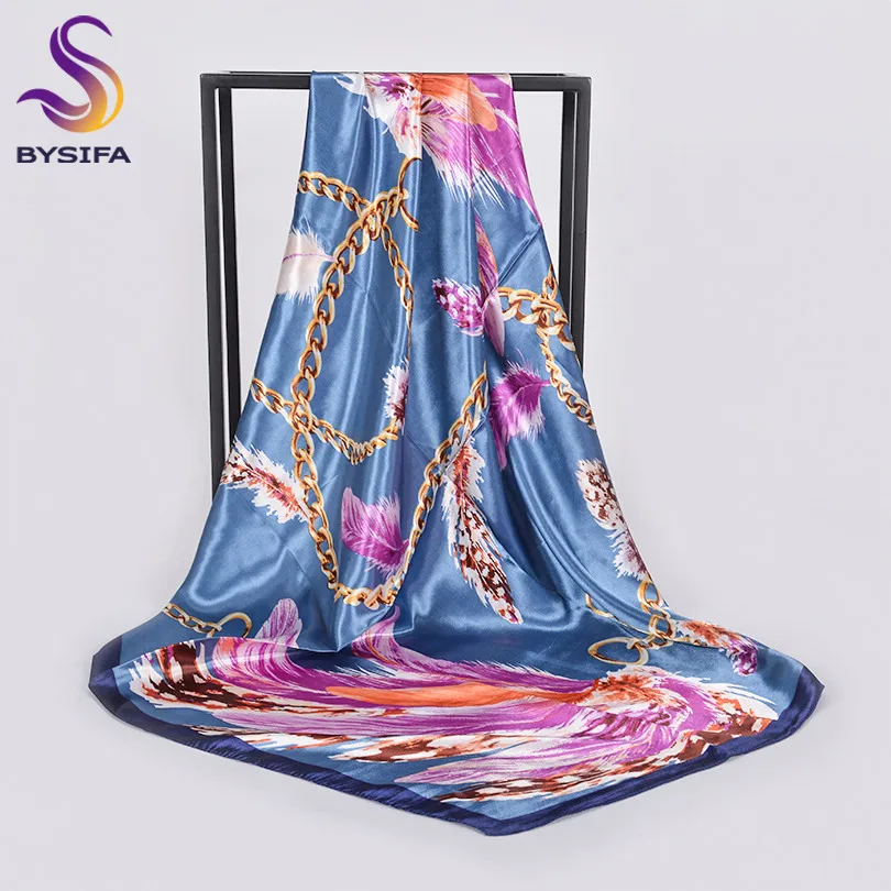 [BYSIFA] шарф-снуд на голову, хиджаб фуляр Femme новые роскошные белые платки женский шарф на голову накидка 90*90 см Дамы квадратный атласный платок - Цвет: blue purple