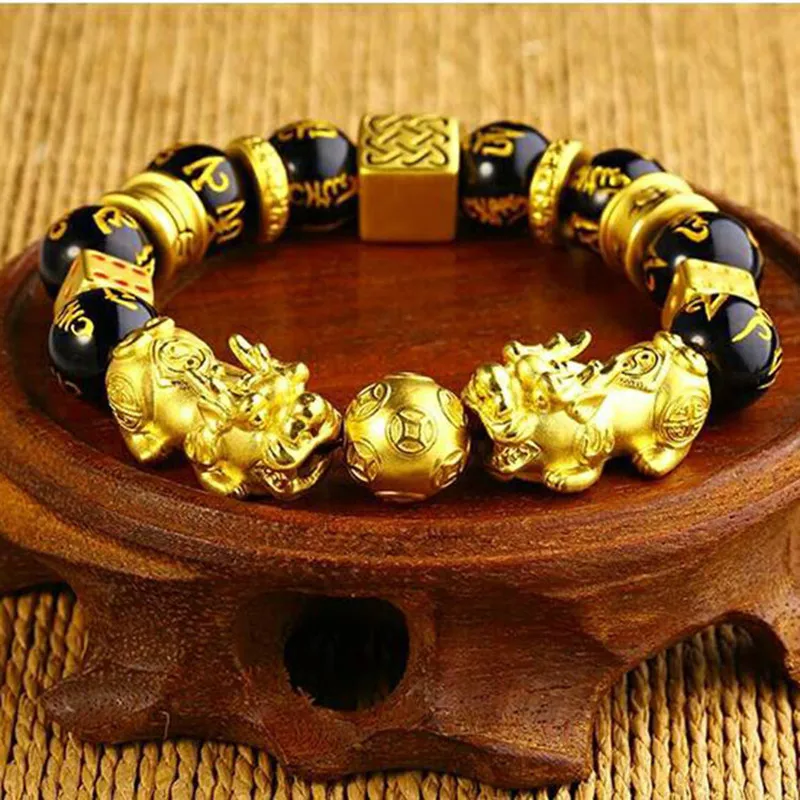 Gold Color Brave Troops Stone Beads Bangles Bracelet 6 Words Chinese Lucky Enegry God Beast Pixiu Bracelet Dropship Jewelry Gift