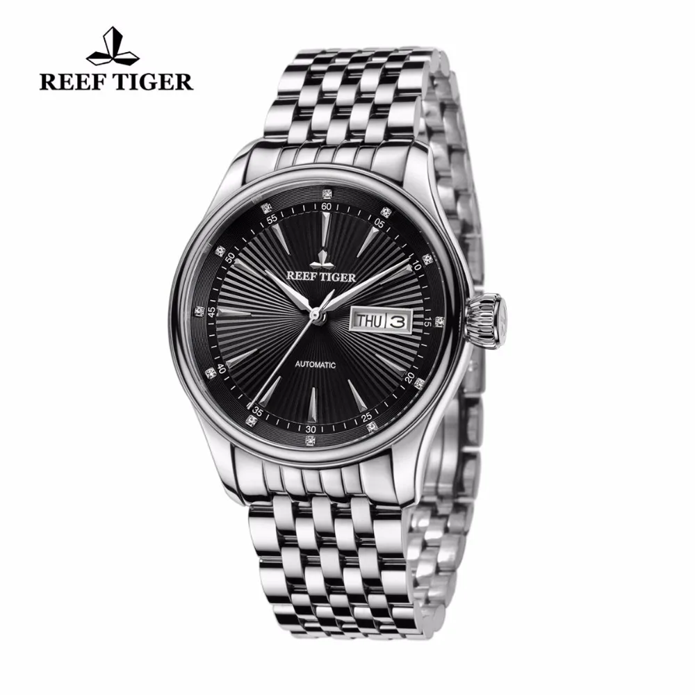  Reef Tiger/RT Dress Watch Men Analog Automatic Watches Date Day Black Dial Full Stainless Steel Wat