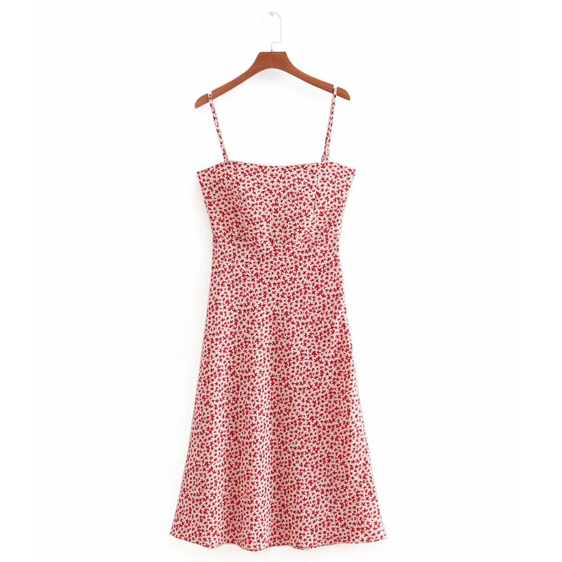 

2019 Summer Women Sexy Sleeveless Printed Red Maple Leaf Printed Mid-calf Slim Cami Dress