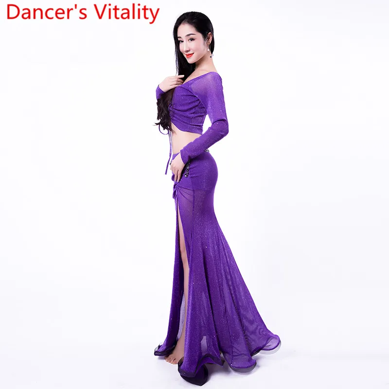 

Women Oriental Indian Belly Dance Practice Clothes Drawstring Cut out Top Split Long Skirt 2pc Set Performance Costume Garments