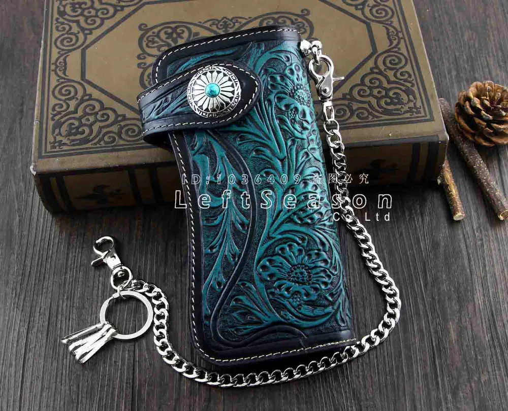 

Men's Motorcycle Punk Genuine Leather Carved Wallet With Metal Key Chain H-20