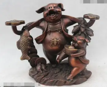 

5"Chinese Folk Feng Shui Bronze Every year more than Money drawing Two Pig Statu