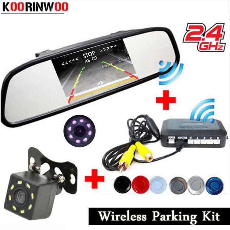 

Koorinwoo 2019 Wireless Adopter Parktronic Car parking Sensor 4 Radars Sound Alarm Car Rear view Camera with Video System AV/RCA