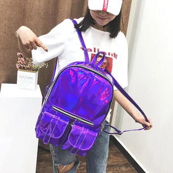 

Super Cool Backpacks Women Personality Laser Schoolbag Korean Fashion Street Snap Style Back Pack Laser Color Flash Schoolbags