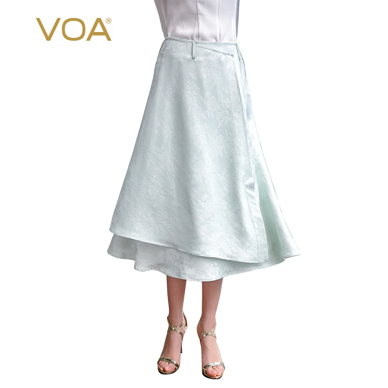 VOA, летний светильник, зеленый шелк, жаккард, а-силуэт, юбка-конверт, китайский стиль, размера плюс, одноцветная, высокая талия, женская юбка, CLA01501