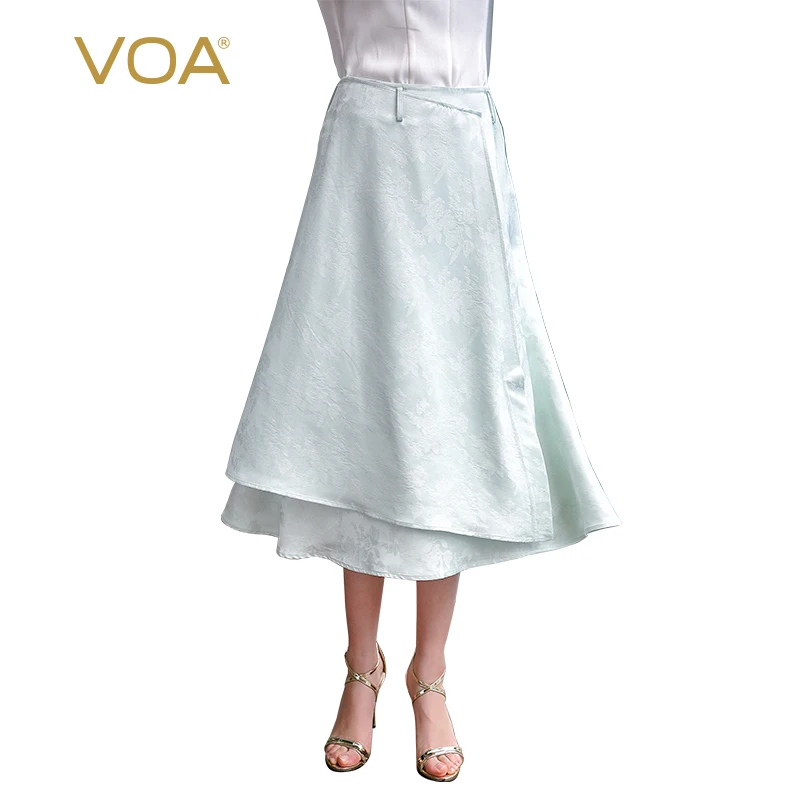 

VOA 2018 Summer Light Green Silk Jacquard A-line Envelope Skirt Chinese Style Plus Size Solid High Waist Women Skirt CLA01501