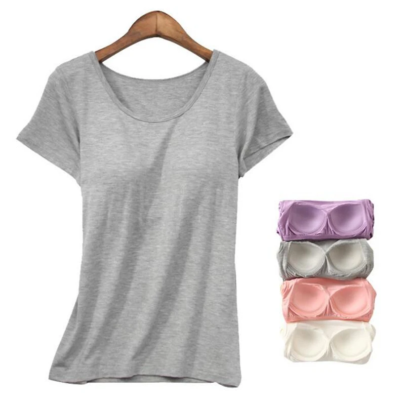 

Women Gyms Bodybuilding T-shirts with Brassiere Pad Slim Fit T-shirts Tee 2018 Summer Short Sleeve Modal Workout Tops