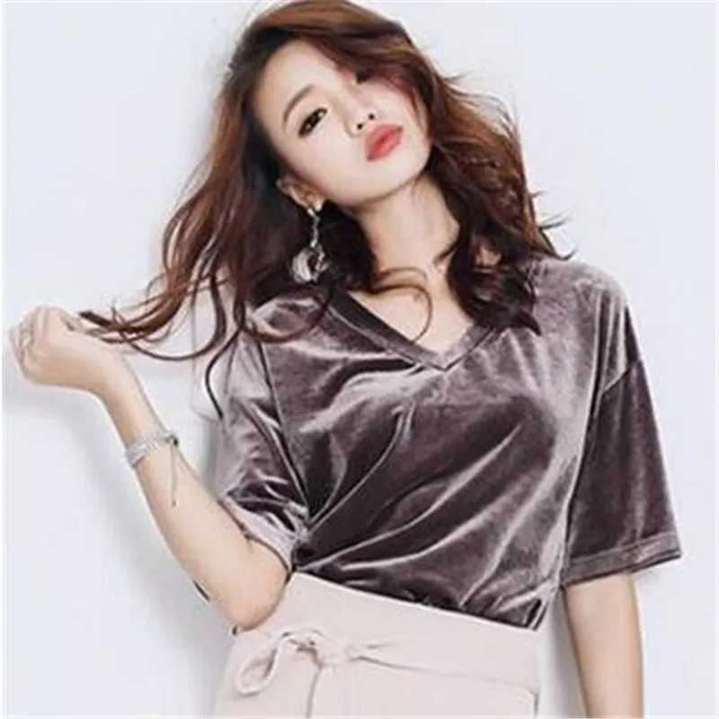 2019 Summer Velour Crop Shirt Women Short Sleeve Tops Fashion Sexy V