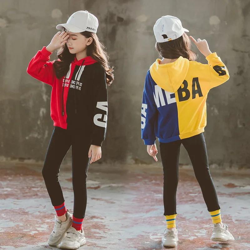 

Fashion girls clothing two colors long-sleeved shirt children's hooded clothes + black trousers set 2019 spring and autumn new