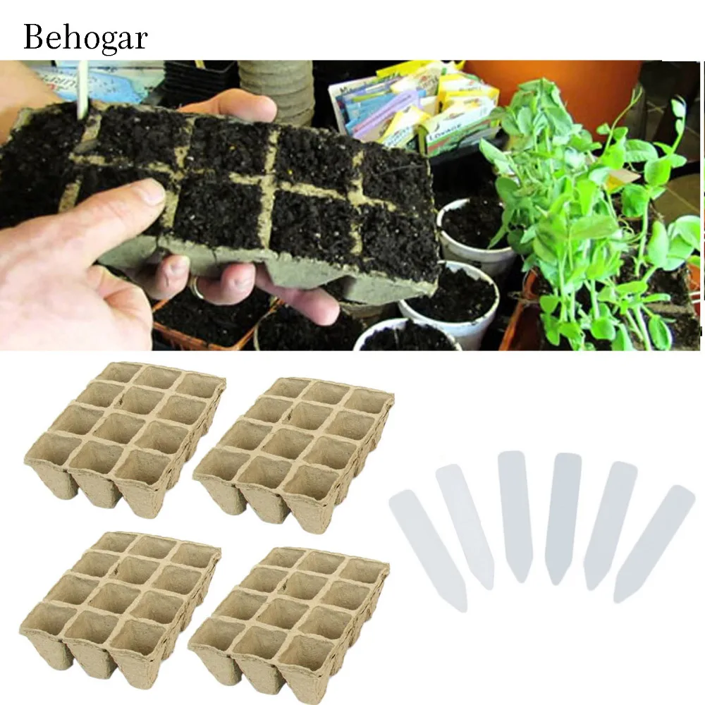 

Behogar 10 PCS 12-Slots Siamesed Biodegradable Seed Starter Pots Germination Seedling Trays 50 PCS White Plant Tags Labels Set