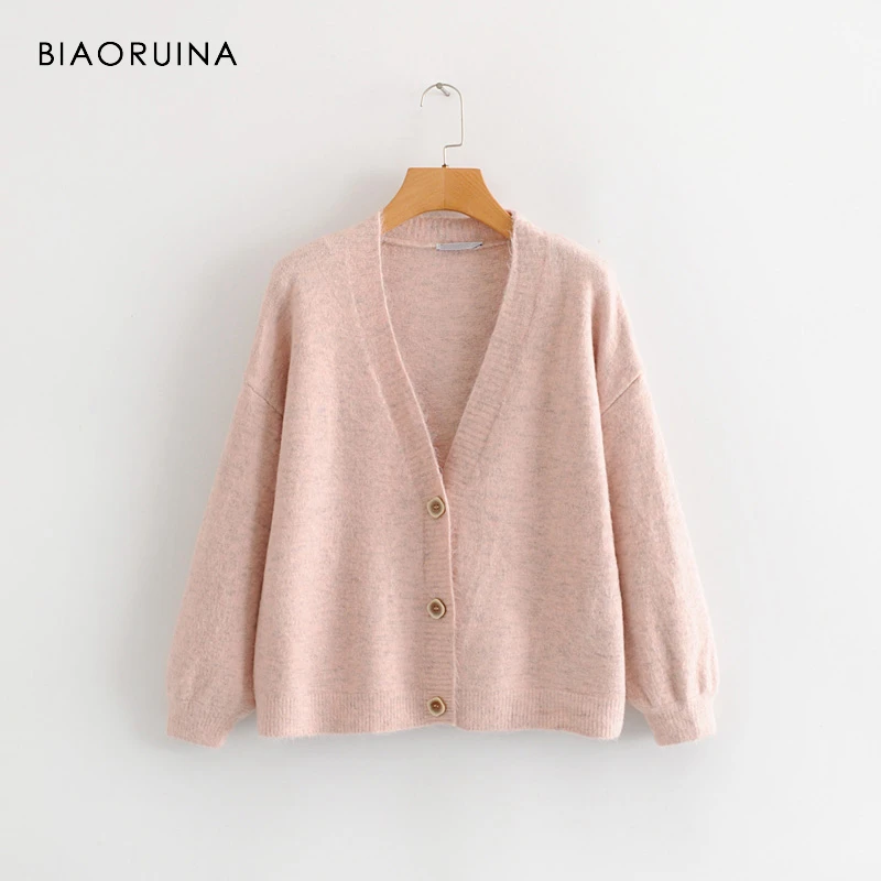 

BIAORUINA 4 Colors Women's Loose Solid Single Breasted Cardigans V-neck Cardigans Lantern Sleeve Sweet Casual All-match Sweater