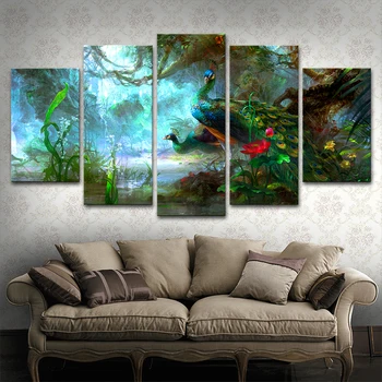 

Canvas Wall Art Pictures Frame Home Decor Living Room 5 Pieces Beautiful Blue Peacock Painting HD Printed Animal Poster