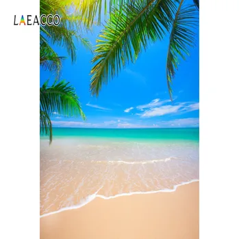 

Laeacco Sea Backgrounds Summer Tropical Palms Tree Beach Sand Waves Blue Sky Scenic Photographic Backdrops Photo Studio
