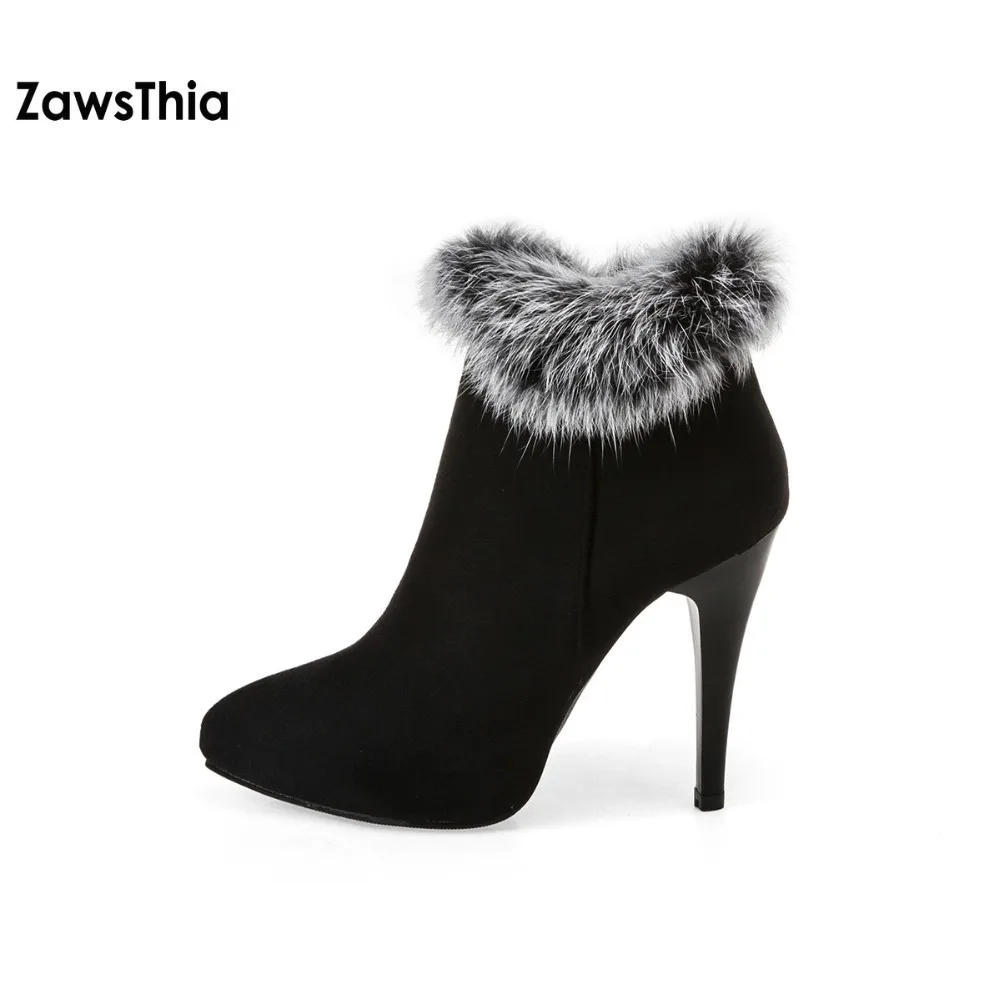 

ZawsThia Sexy Women Boots Winter High Heels Ankle Boots Shoes Women Fall Ladies Short Boots Snow Fur Zip White Red Big Size 11