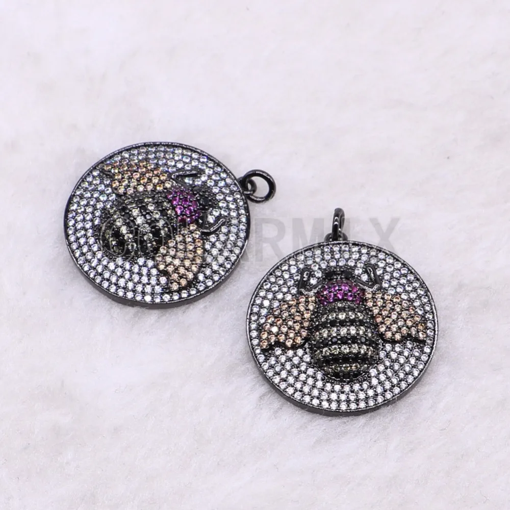 

4 Pcs High quality round zircon pendant Black gun color round pendant tiny bee pendant fashion micro pave jewelry charm
